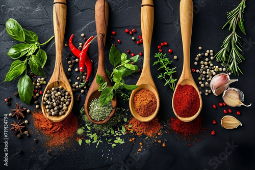 Colorful various herbs and spices for cooking on dark background on spoons