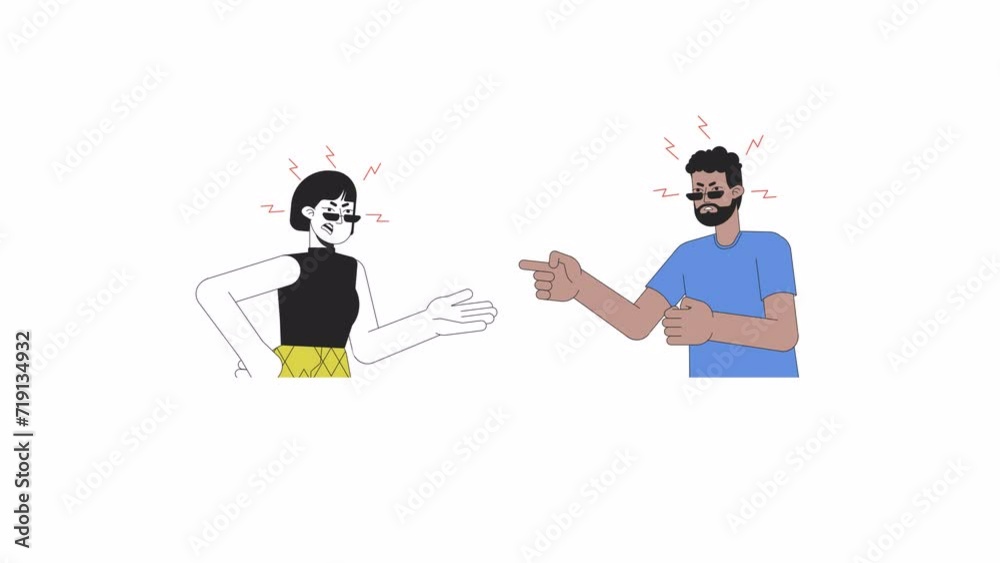 Interracial couple breakup relationships line 2D characters animation. Gesture body language flat color cartoon 4K video, alpha channel. Fighting adults animated people on transparent background