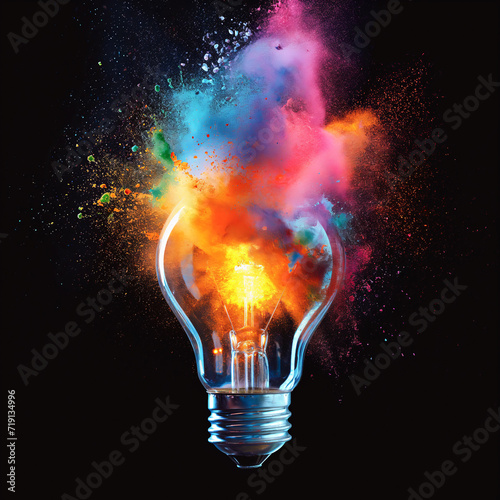 Light bulb explodes with colorful powder on a black background