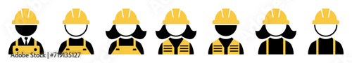 Set of Builder icons.Professional Workers Male and Female in Safety Helmets. .Engineer icons set.Construction worker.
