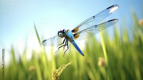 Blue dragonfly on the green grass in the meadow. © Darcraft