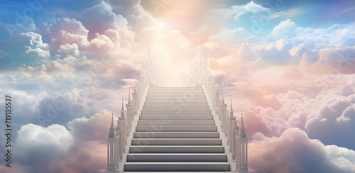 Steps leading up to heaven, pink peach fluffy clouds and heavenly bright light at the top of a set of stairs depicting the stairway to heaven concept