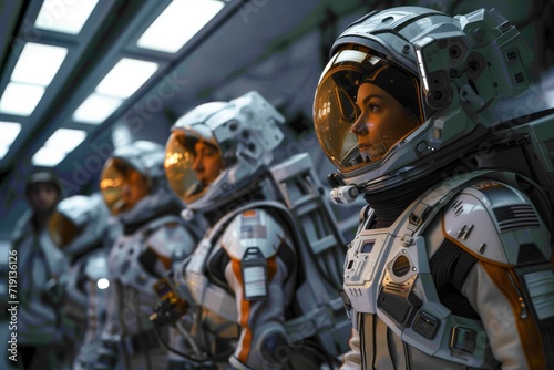 A team of astronauts, both men and women of different ethnicities, preparing for a space mission in a high-tech facility