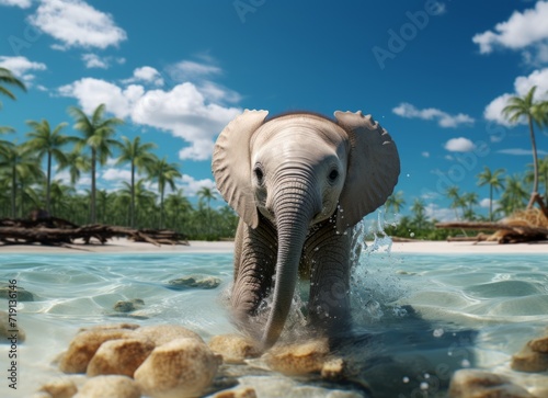 Elephant in the water on a background of palm trees and blue sky