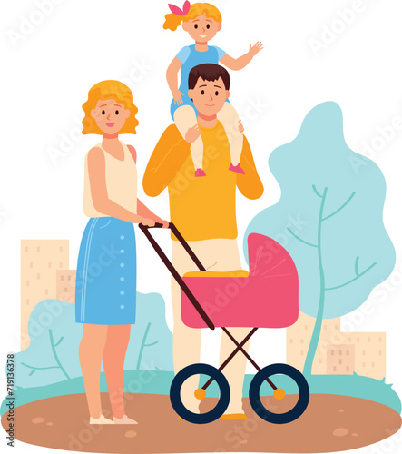 Happy family in park with baby stroller, father carries daughter on shoulders. Casual outing depicts family leisure, parents with children.