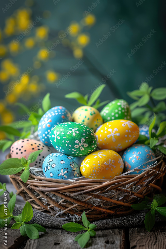 Colorful Painted Easter Eggs in Basket on Wooden Table Colorful Painted Easter Eggs in Basket on Wooden Table