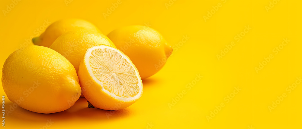 Fresh ripe lemons isolated on yellow background, copy space, mock up product. 