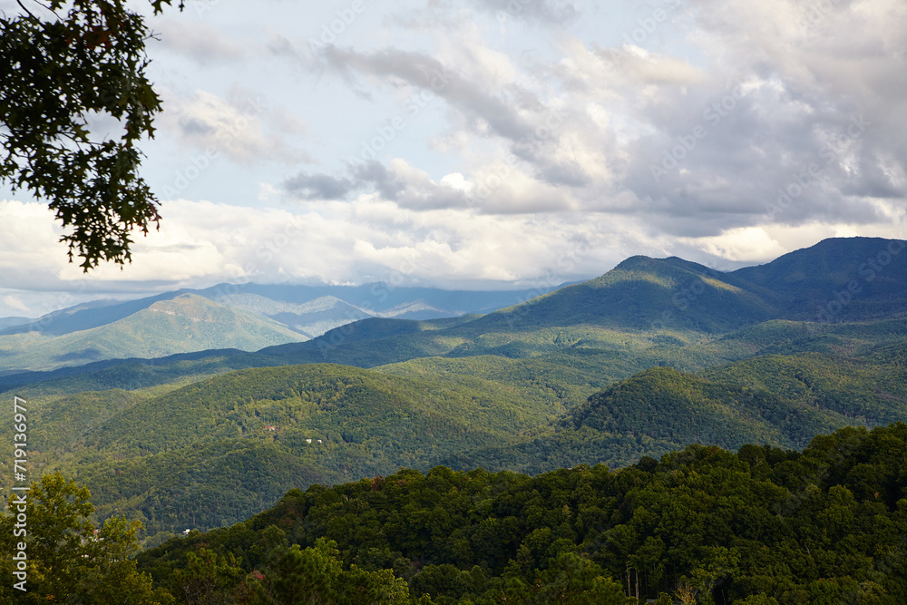 Serene Smoky Mountains Landscape, Green Hills and Cloudy Sky