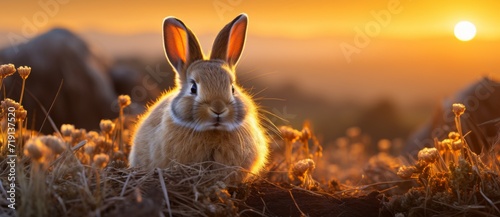 Cute little rabbit in the garden at sunset close up