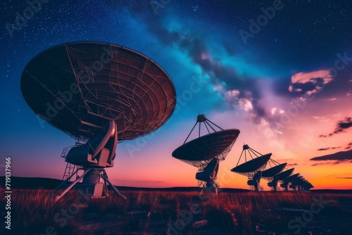 An array of radio telescopes pointed towards the stars at dusk, searching for cosmic signals