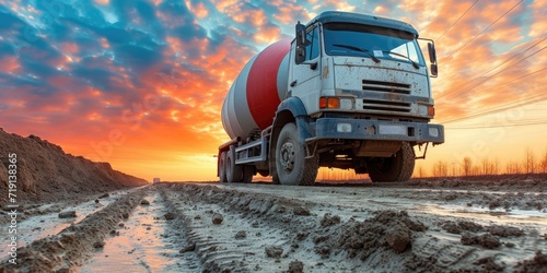 Cement truck machine at sunset photo