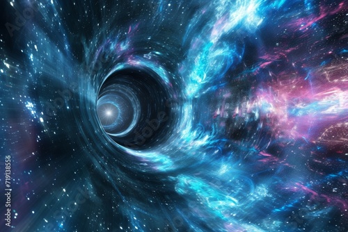An artistic depiction of a wormhole or portal in space, connecting distant parts of the universe