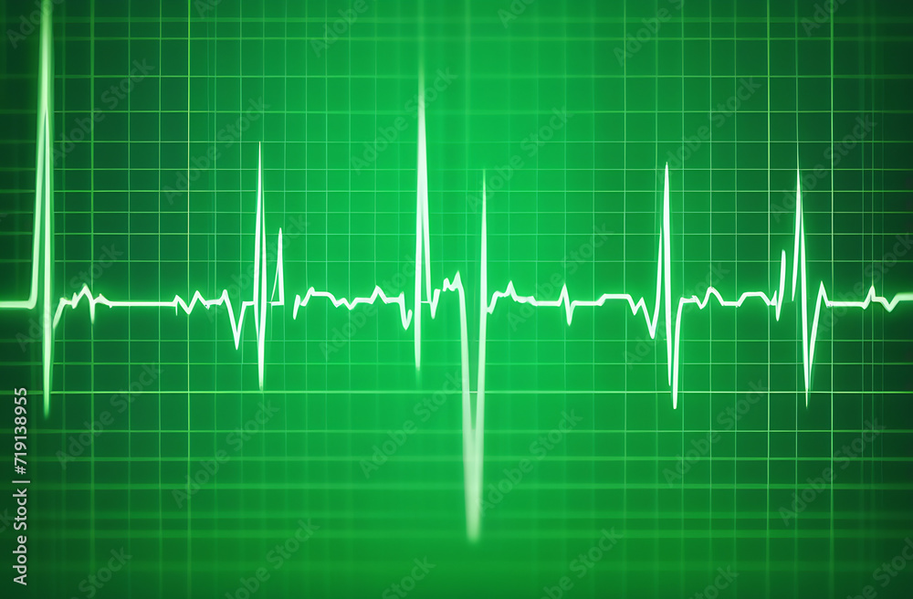 white line cardiogram on a green background with a heart in the middle