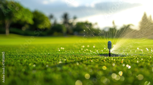 Garden irrigation system lawn. Automatic lawn sprinkler watering green grass.