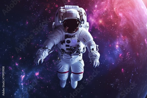 An astronaut floating in space with a backdrop of a vibrant galaxy, highlighting the exploration of the cosmos