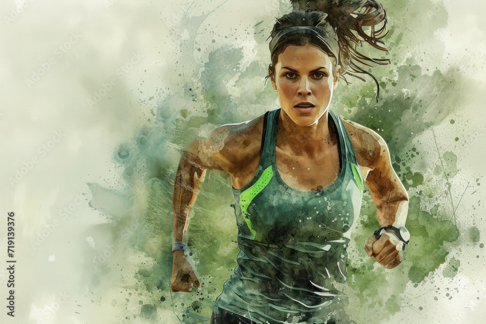 Athletic athlete in action, woman green watercolor with copy space