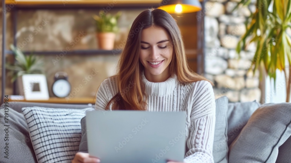 Smiling young woman using laptop, sitting on couch at home, beautiful girl shopping or chatting online in social network, having fun, watching movie, freelancer working on computer project Smiling young woman using laptop, sitting on couch at home, beautiful girl shopping or chatting online in social network, having fun, watching movie, freelancer working on computer project