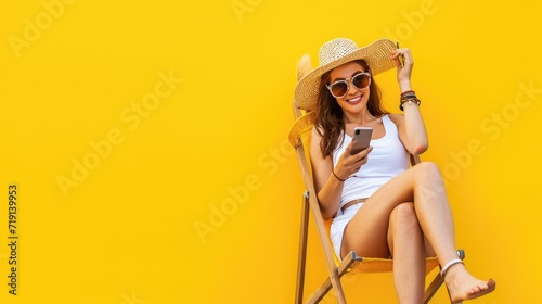 Young woman wear summer clothes sit in deckchair use show mobile cell phone isolated on plain yellow background. Tourist travel abroad in free spare time rest getaway. Air flight trip journey concept #719139953