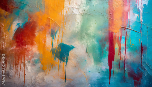 Messy paint strokes and smudges on an old painted wall background. Abstract wall surface with part of graffiti. Colorful drips, flows, streaks of paint and paint sprays photo