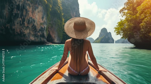 Back view of a young girl in a hat and bikini floating on a kayak, enjoying her holiday. Travel concept