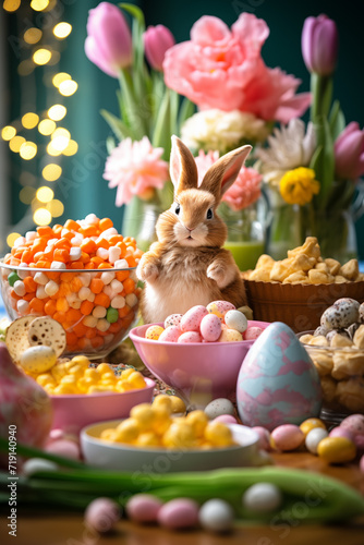 Easter appetizer food table background. Easter snacks, eggs, bunnies and flowers