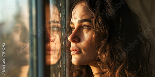 Young woman with a reflective gaze out of a window, golden sunlight highlighting her detailed features and soft expression
