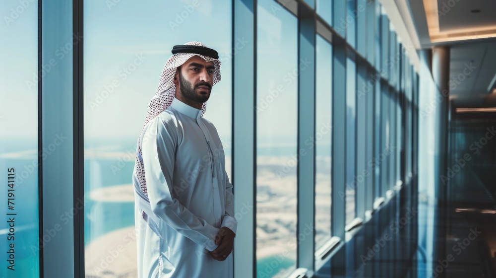 A handsome and confident arab businessman stands in a large glass office near window looking into the camera . An employee of a large company with his arms crossed and wearing traditional clothes A handsome and confident arab businessman stands in a large glass office near window looking into the camera . An employee of a large company with his arms crossed and wearing traditional clothes