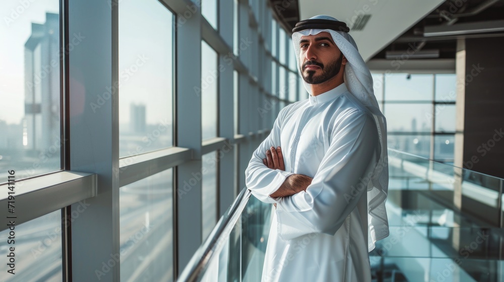 Fototapeta premium A handsome and confident arab businessman stands in a large glass office looking into the camera . An employee of a large company with his arms crossed and wearing traditional clothes 