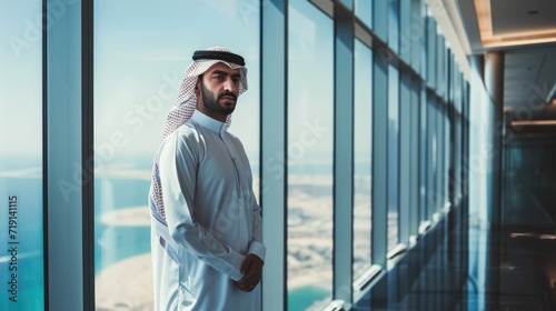 A handsome and confident arab businessman stands in a large glass office near window looking into the camera . An employee of a large company with his arms crossed and wearing traditional clothes 