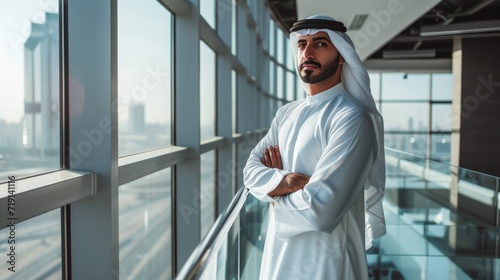 A handsome and confident arab businessman stands in a large glass office looking into the camera . An employee of a large company with his arms crossed and wearing traditional clothes  photo