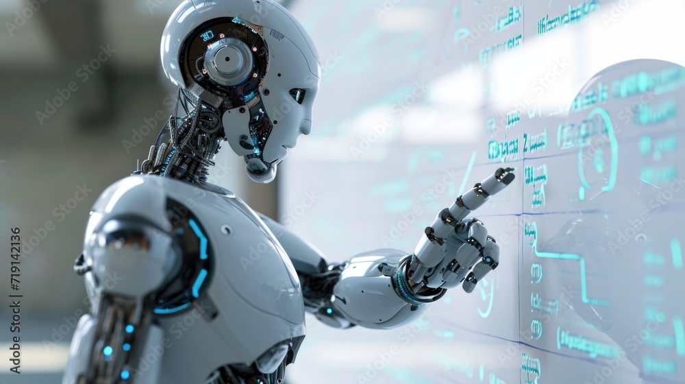 Robots humanoid with ai brain pointing on digital desk Robots humanoid with ai brain pointing on digital desk