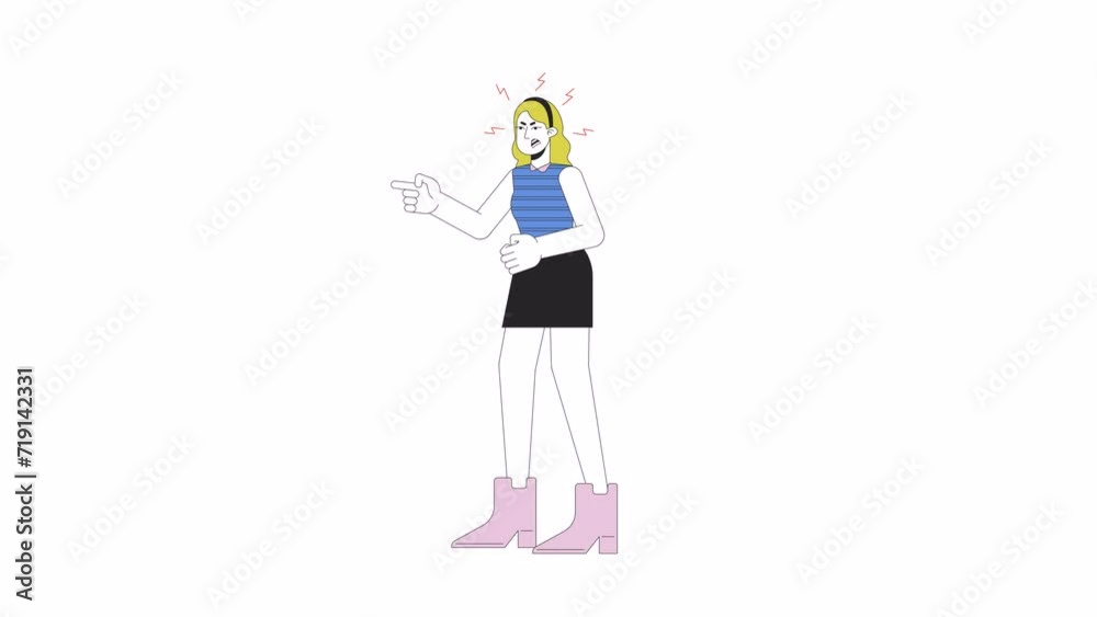 European woman blaming line 2D character animation. Gesture body language, emotional expression flat color cartoon 4K video, alpha channel. Bad mood adult animated person on transparent background