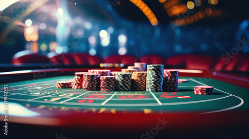 pair of aces and stack of chips on casino, Poker chips on a poker table at the casino photo