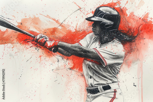 Baseball player in action, woman red watercolour with copy space