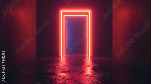 3d rendering, abstract minimalist geometric background. Bright daylight, Red neon light. Doorway portal glowing in the dar