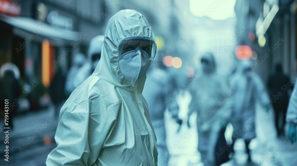 People in hazmat suits, masks and goggles walking down the street. Medics warn people in time of quarantine and outbreak of a new epidemic in the world. Scientists in search of an antivirus People in hazmat suits, masks and goggles walking down the street. Medics warn people in time of quarantine and outbreak of a new epidemic in the world. Scientists in search of an antivirus