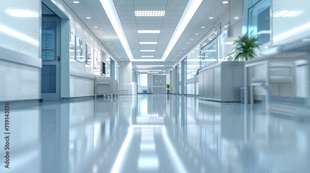 A modern clinic corridor in a stock photo, with the background purposefully blurred. Sleek