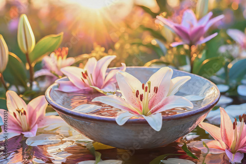 An illustration of enchanting purple lilies in a jug bathed in the warm shades of a backlit sunset