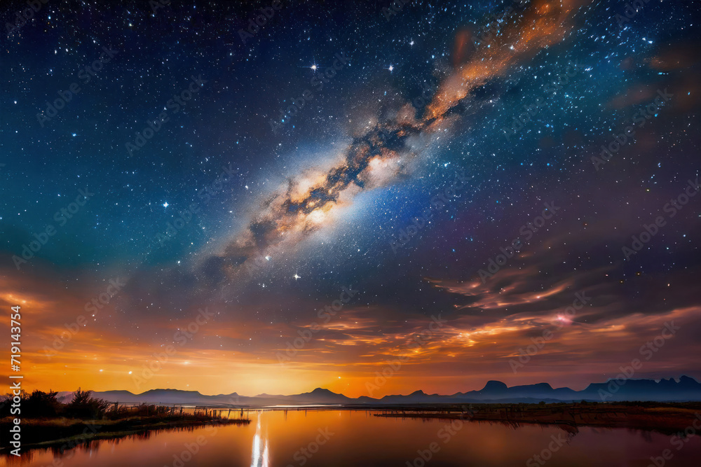Illustration of a fantastic starry sky on the background of a lake