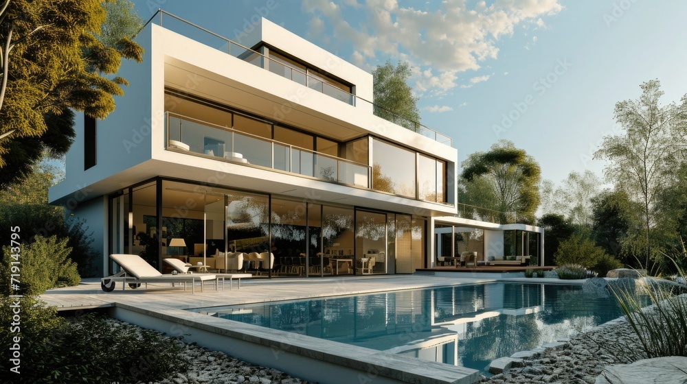 Luxury white house with swimming pool, panoramic windows, large terrace and attic floor. Real estate from natural eco materials Luxury white house with swimming pool, panoramic windows, large terrace and attic floor. Real estate from natural eco materials