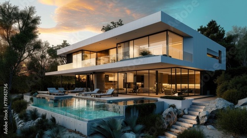 Wallpaper Mural Exterior of a large luxury villa with swimming pool and panoramic windows . Modern Dream House with huge driveway and two floors . Property for sale or rent  Torontodigital.ca