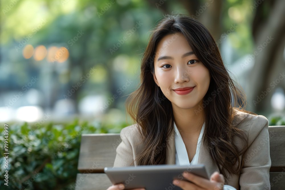 Smiling businesswoman using tablet computer sitting Smiling businesswoman using tablet computer sitting