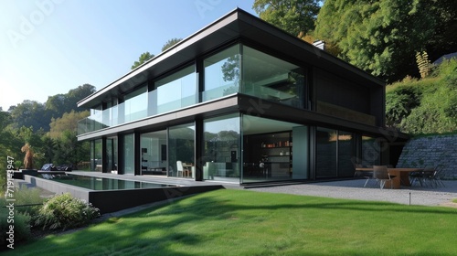Front view of modern designed concrete residential house With Panoramic Windows, green grass and two luxury floors.
