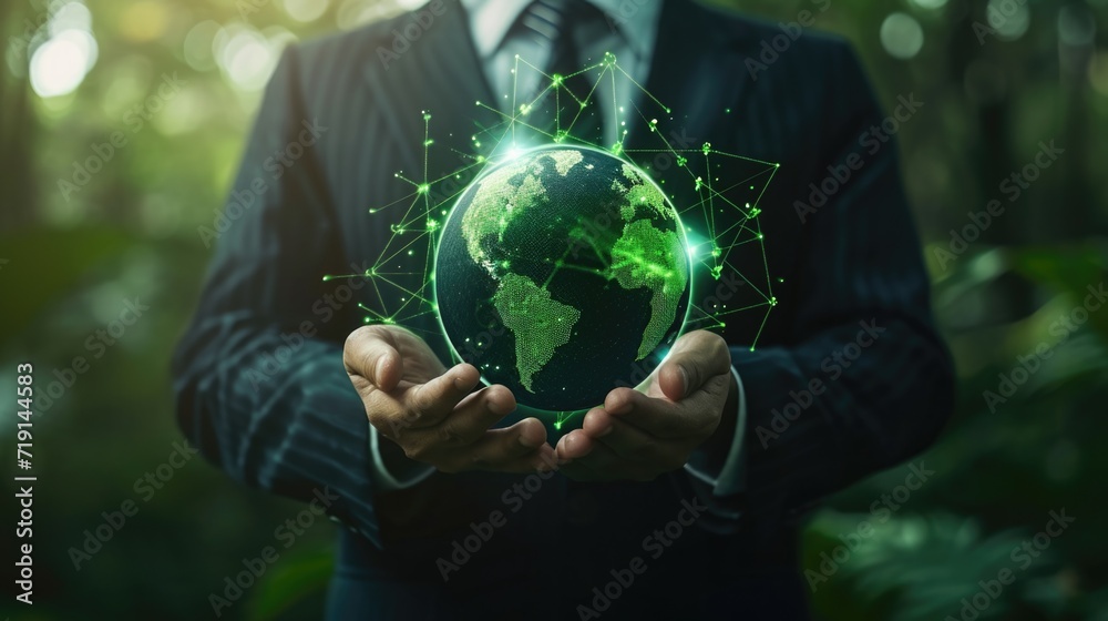 Businessman holding Earth together in synergy as team building to ...
