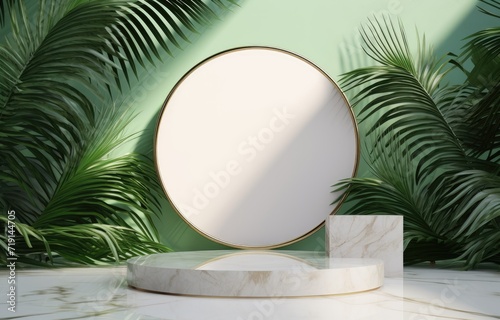 Minimalist product display with marble base and circular backdrop, tropical palm leaves shadow, clean design.