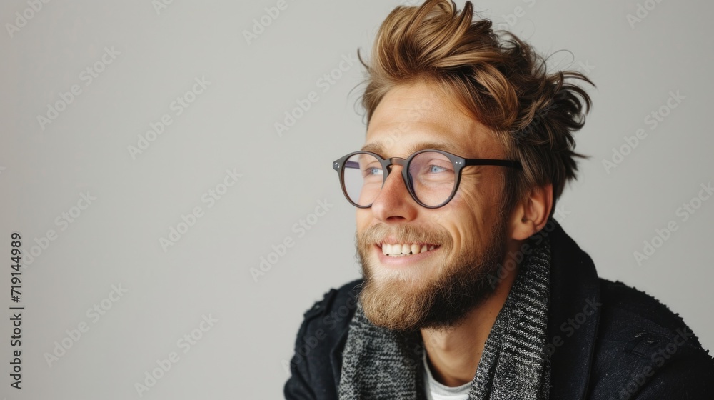 Young handsome man with beard wearing casual sweater and glasses over white background happy face smiling with looking on empty copy space . Positive person.