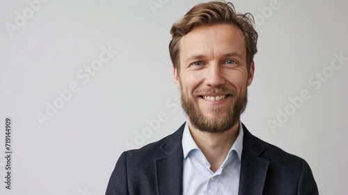 Businessman smiling with arms crossed on white background