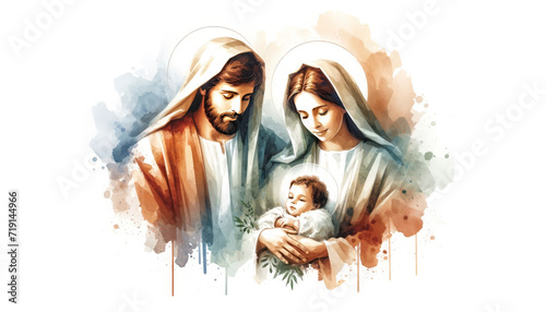 Nativity watercolor scene.: Virgin Mary and Joseph holding baby Jesus Christ.