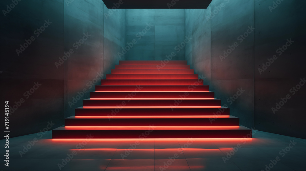 Fototapeta premium stairs leading to a large window inside an office building, in the style of dark red