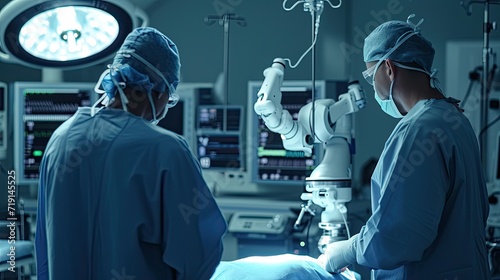 A side view photo in a state-of-the-art operating room, capturing two surgeons observing a robotic surgical procedure photo
